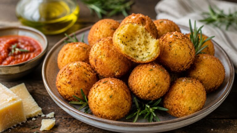 Hrskave fritule od palente sa parmezanom i ruzmarinom prikazane su uz sos, sir i maslinovo ulje