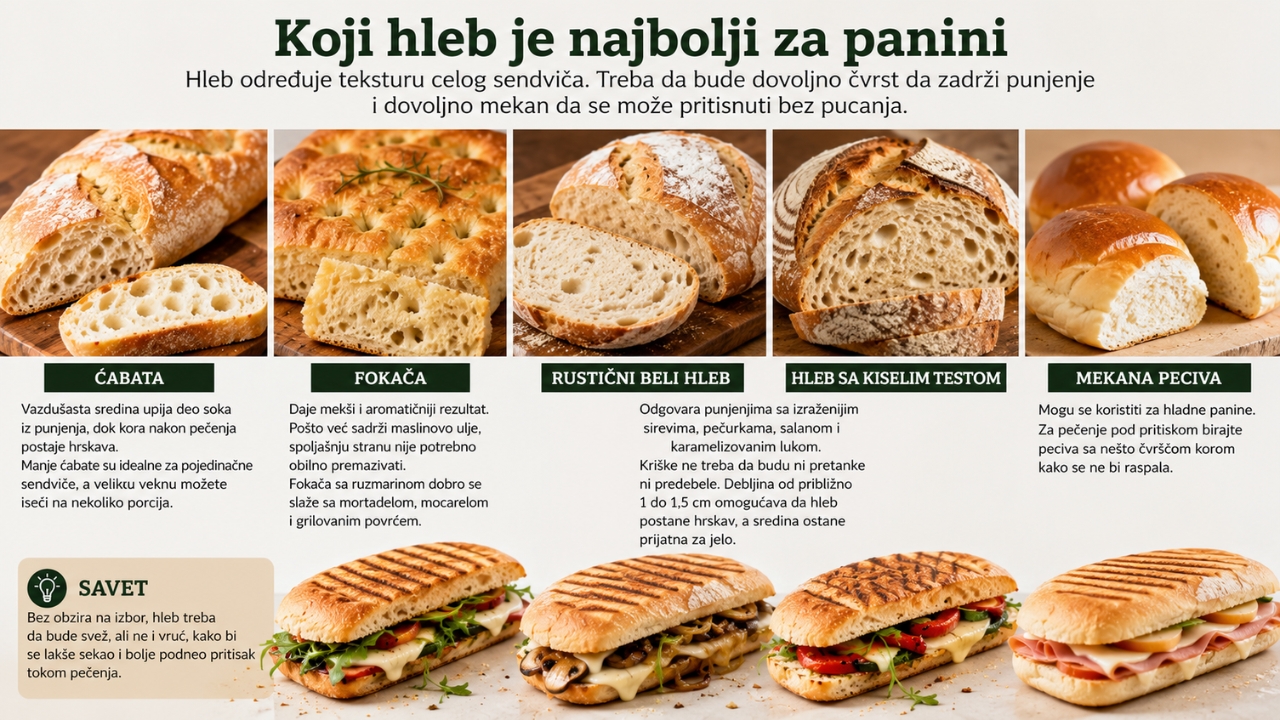 Različite vrste hleba pogodne za pripremu paninija, od ćabate i fokače do rustičnog hleba i mekanih peciva