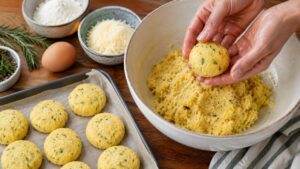 Ruke oblikuju fritule od palente sa parmezanom i ruzmarinom