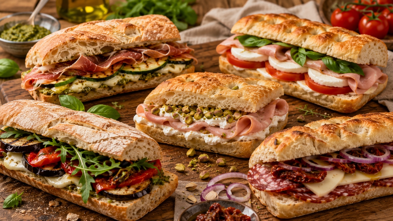 Različiti panini sa pršutom, mortadelom, salamom, sirevima i grilovanim povrćem