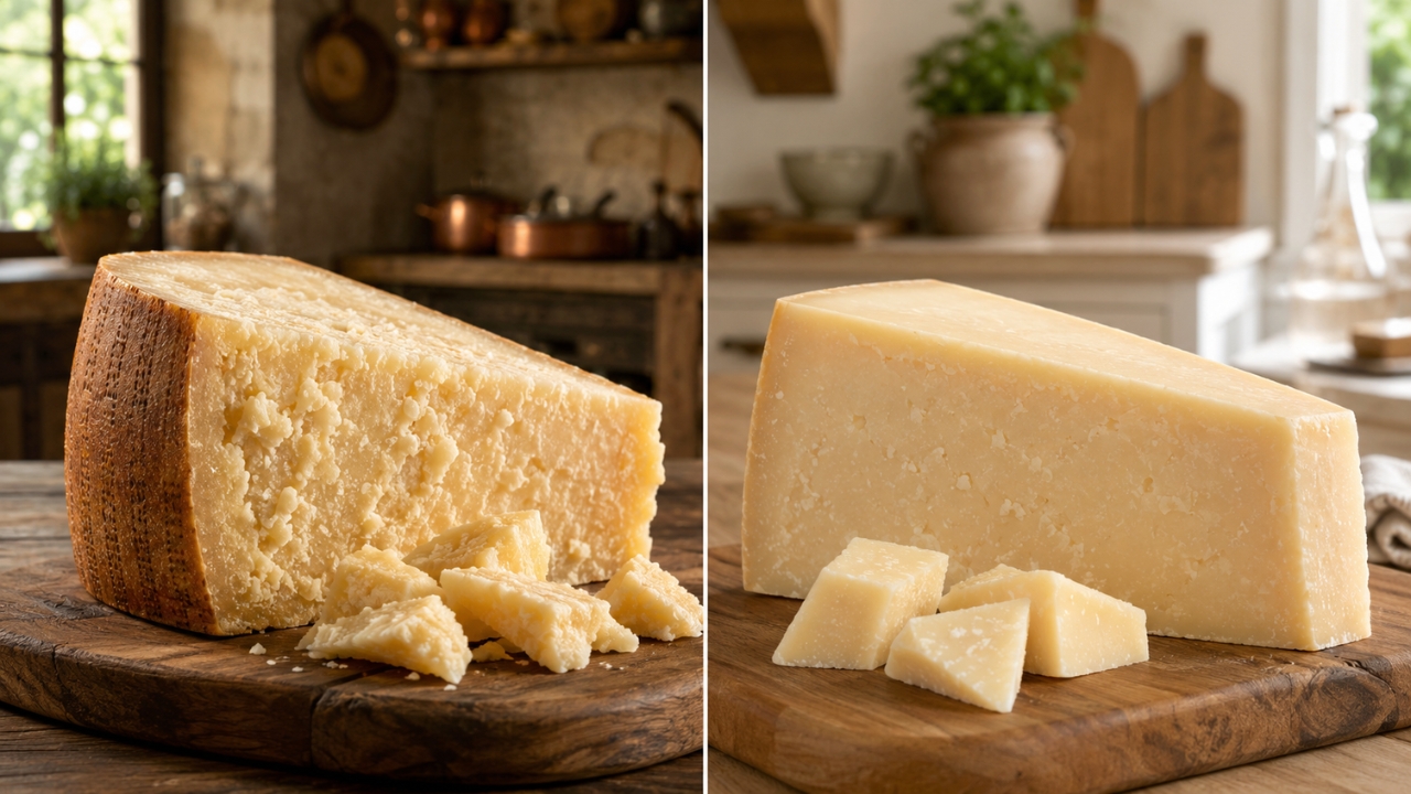 Parmezan i Grana Padano prikazani su jedan pored drugog na drvenim daskama u dve kuhinje